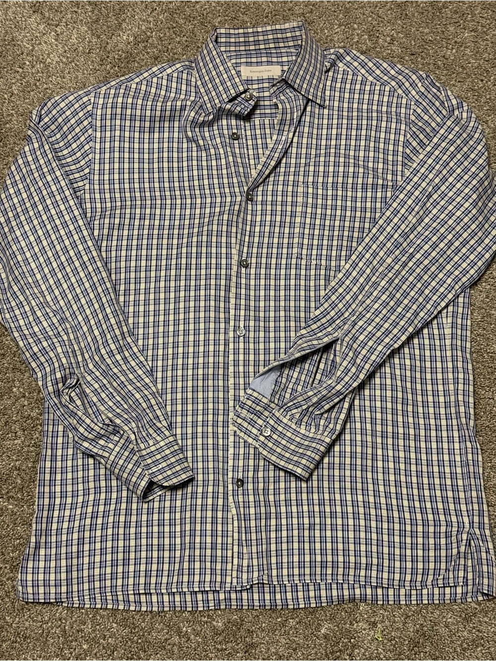 Ermenegildo Zegna Blue and Cream Plaid Button-Down Shirt